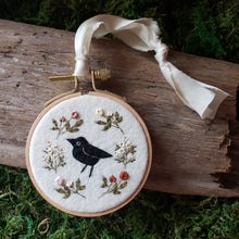 Load image into Gallery viewer, Hand-Embroidered Crow & Floral Hoop Ornament