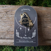 Load image into Gallery viewer, They/them Gothic Arch Enamel Pronoun Pin