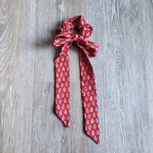 Load image into Gallery viewer, Upcycled Long Ribbon Scrunchie (Red Leaf Print)
