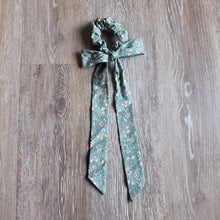 Load image into Gallery viewer, Upcycled Long Ribbon Scrunchie (Light Green Floral Print)