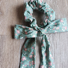 Load image into Gallery viewer, Upcycled Long Ribbon Scrunchie (Light Green Floral Print)