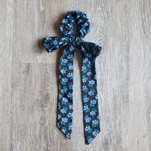 Load image into Gallery viewer, Upcycled Long Ribbon Scrunchie (Blue Black Floral Print)