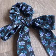 Load image into Gallery viewer, Upcycled Long Ribbon Scrunchie (Blue Black Floral Print)