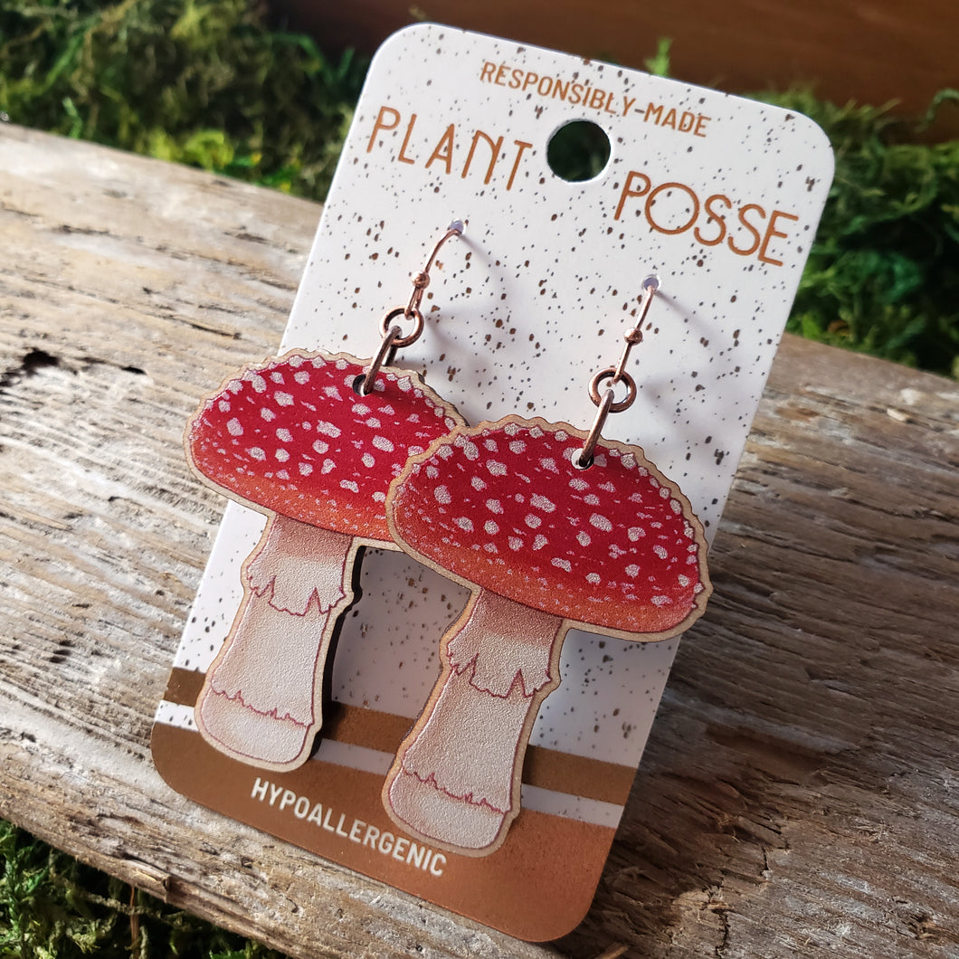 Amanita Muscaria Mushroom Wooden Earrings