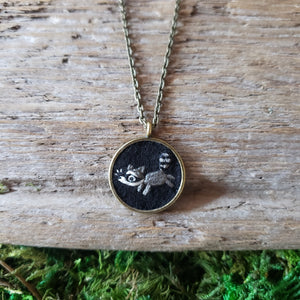 Tiny Embroidered Raccoon Necklace