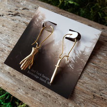 Load image into Gallery viewer, Brass Hand and Dagger Dangle Earrings