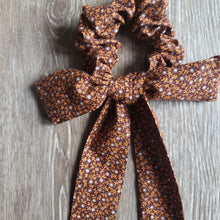 Load image into Gallery viewer, Upcycled Long Ribbon Scrunchie (Brown Floral Print)