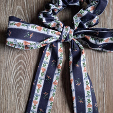 Load image into Gallery viewer, Upcycled Long Ribbon Scrunchie (Navy Stripe Floral)