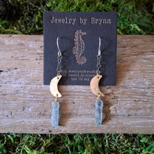 Load image into Gallery viewer, Handmade Brass and Kyanite Moon Earrings