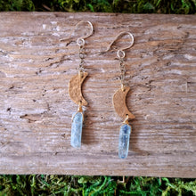 Load image into Gallery viewer, Handmade Brass and Kyanite Moon Earrings