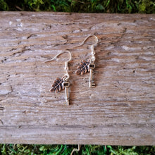 Load image into Gallery viewer, Tiny Leaf & Key Earrings