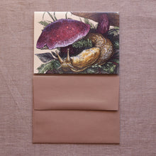 Load image into Gallery viewer, Banana Slug and Mushrooms Greeting Card