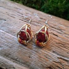Load image into Gallery viewer, Red & Gold D20 Dice Chainmail Earrings
