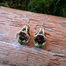 Load image into Gallery viewer, Green & Gold D20 Dice Chainmail Earrings