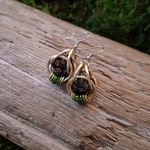 Load image into Gallery viewer, Green & Gold D20 Dice Chainmail Earrings
