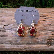Load image into Gallery viewer, Red & Gold D20 Dice Chainmail Earrings