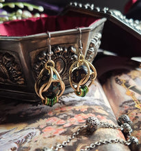 Load image into Gallery viewer, Green & Gold D20 Dice Chainmail Earrings