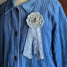 Load image into Gallery viewer, Upcycled Denim and Lace 'Blue Ribbon' Fly Pin