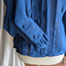 Load image into Gallery viewer, 80s Vintage Sheer Blue Ruffled Blouse
