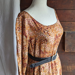 90s Vintage Orange Rayon Crepe Midi Dress with Belt