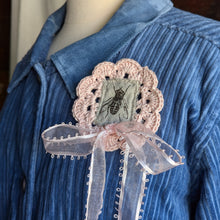 Load image into Gallery viewer, Upcycled Pink Lace 'Pink Ribbon' Fly Pin