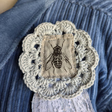 Load image into Gallery viewer, Upcycled Denim and Lace 'Blue Ribbon' Fly Pin