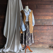 Load image into Gallery viewer, 70s Vintage A-line Brown & Black Plaid Pleated Wool Midi Skirt