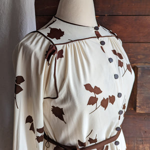 60s/70s Vintage Leaf Print Polyester Midi Dress