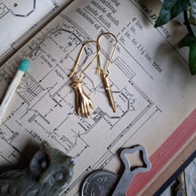 Load image into Gallery viewer, Brass Hand and Dagger Dangle Earrings