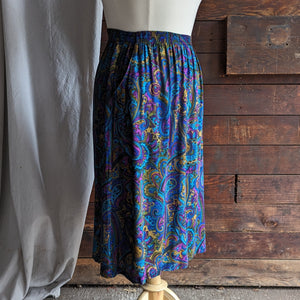 90s Vintage Blue Rayon Paisley Print Midi Skirt