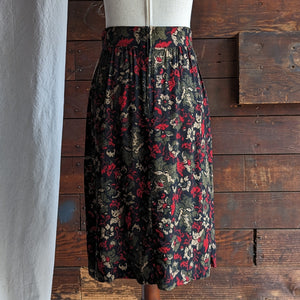 90s Vintage Black Floral Rayon Midi Skirt with Pockets