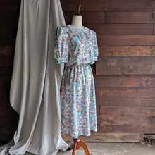 Load image into Gallery viewer, 80s/90s Vintage Blue Floral Midi Puff Sleeve Dress