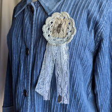 Load image into Gallery viewer, Upcycled Denim and Lace 'Blue Ribbon' Fly Pin