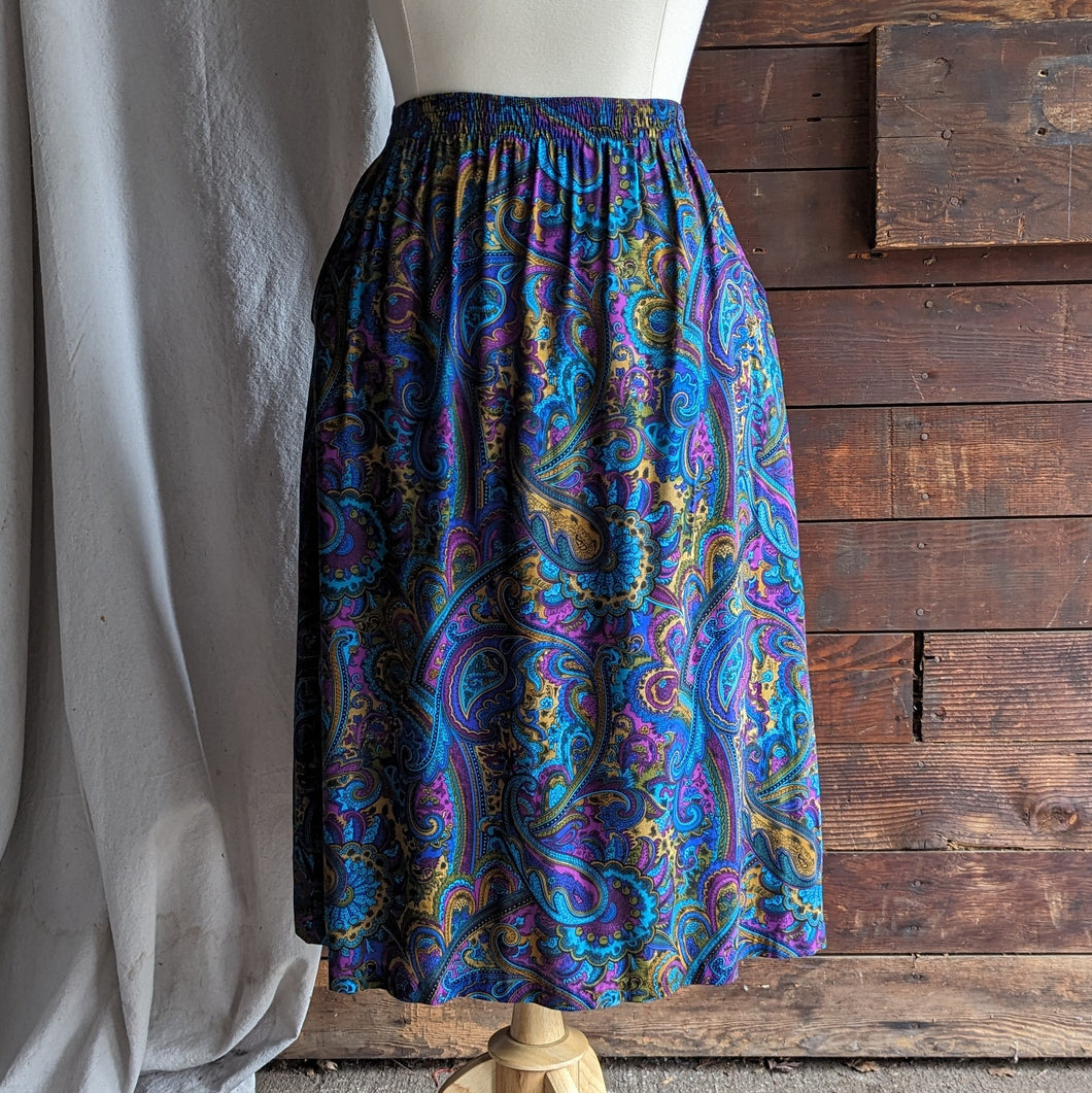 90s Vintage Blue Rayon Paisley Print Midi Skirt