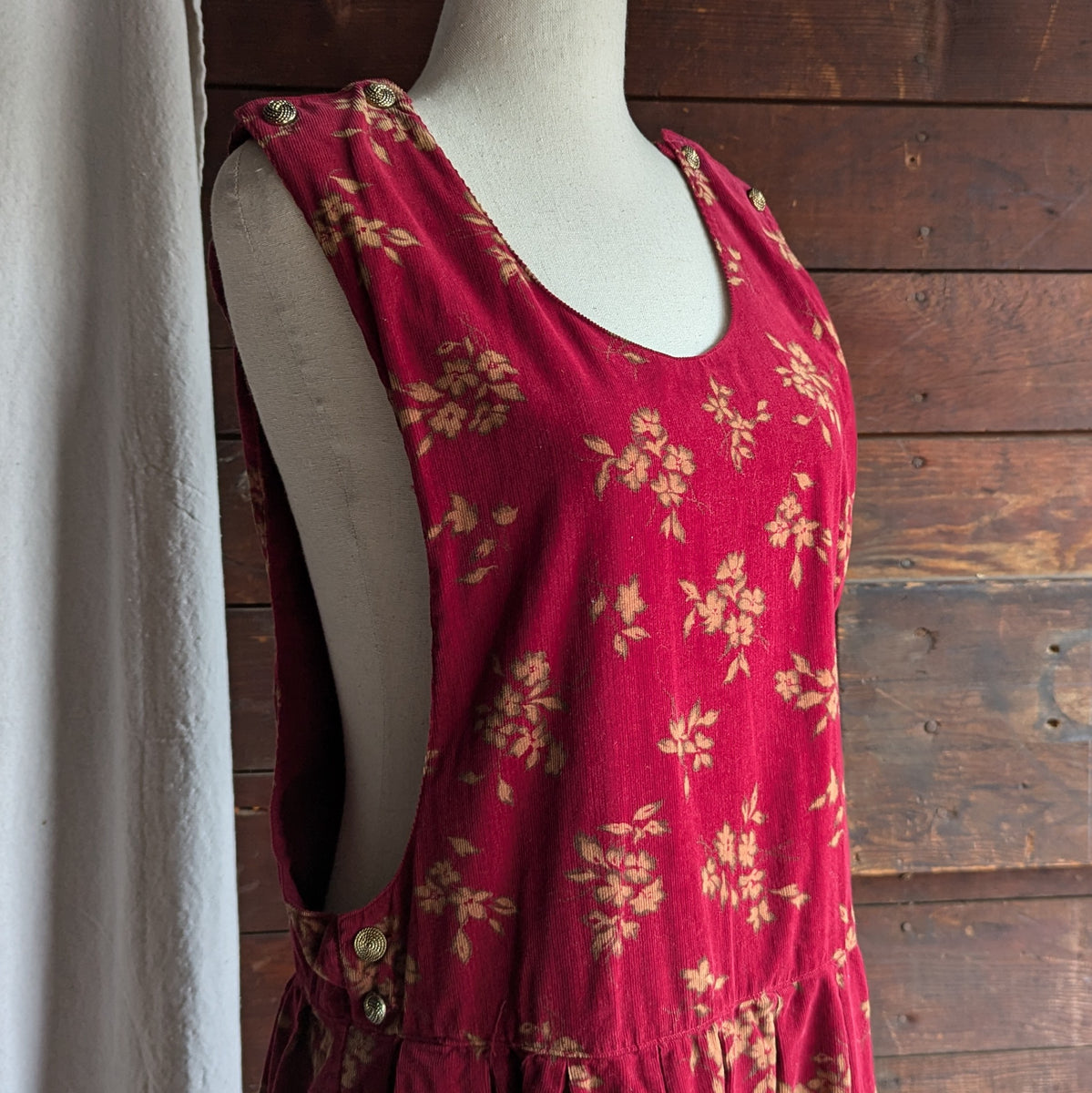red corduroy pinafore dress 90s Vintage Red Floral Corduroy Pinafore Dress  Forager Vintage