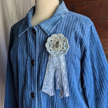 Load image into Gallery viewer, Upcycled Denim and Lace 'Blue Ribbon' Fly Pin