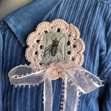 Load image into Gallery viewer, Upcycled Pink Lace 'Pink Ribbon' Fly Pin
