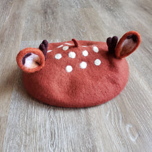 Load image into Gallery viewer, Cute felted Deer Beret with ears, speckles, and antlers. made of a wool blend.
