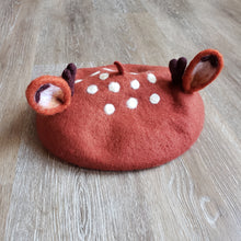 Load image into Gallery viewer, Cute felted Deer Beret with ears, speckles, and antlers. made of a wool blend.