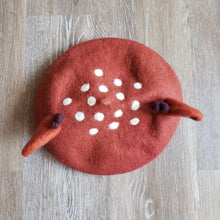 Load image into Gallery viewer, Cute felted Deer Beret with ears, speckles, and antlers. made of a wool blend. (top view)
