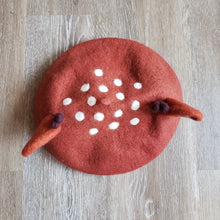 Load image into Gallery viewer, Cute felted Deer Beret with ears, speckles, and antlers. made of a wool blend. (top view)
