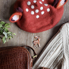 Load image into Gallery viewer, Cute felted Deer Beret with ears, speckles, and antlers. made of a wool blend.