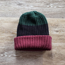Load image into Gallery viewer, Colorblock Green Black and Burgundy Cotton Knit Beanie. Made in Portland Oregon.
