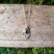 Load image into Gallery viewer, Garnet Hamsa Hand Sterling Silver Pendant