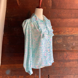 Vintage Aqua and Pink Ruffled Button Up Blouse