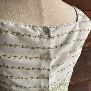 50s Vintage Pleated Sleeveless White and Green Dress