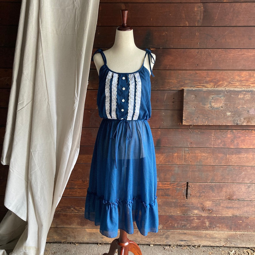 70s Vintage Blue Polka Dot A-Line Dress