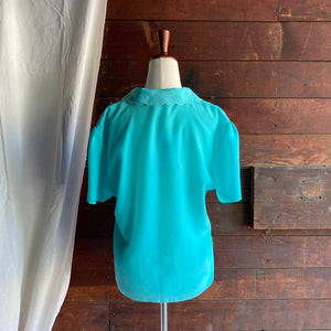 80s Vintage Poly Aqua Embroidered Blouse
