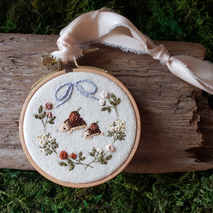 Hand-Embroidered Hedgehog & Floral Hoop Ornament
