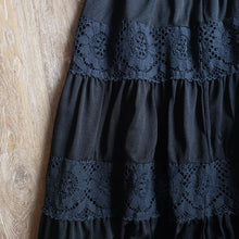 Load image into Gallery viewer, 70s Vintage Black Polyester Tiered Maxi Skirt
